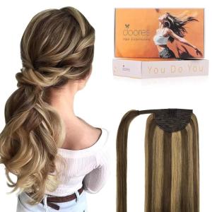 imageDOORES Ponytail Extension Human Hair Extensions Platinum Blonde 18 Inch 80g Clip in Hair Extension Ponytail Straight Wrap Around Hair Extensions Remy Human Hair with Magic Paste Natural Hair427 Chocolate Brown Mixed Caramel Blonde