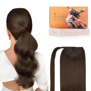imageDOORES Ponytail Extension Human Hair Extensions Platinum Blonde 18 Inch 80g Clip in Hair Extension Ponytail Straight Wrap Around Hair Extensions Remy Human Hair with Magic Paste Natural Hair4A Chocolate Brown