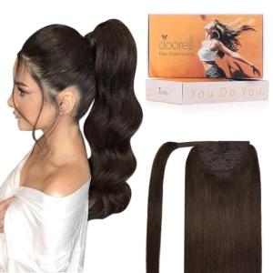 imageDOORES Ponytail Extension Human Hair Extensions Platinum Blonde 18 Inch 80g Clip in Hair Extension Ponytail Straight Wrap Around Hair Extensions Remy Human Hair with Magic Paste Natural Hair2A Light Dark Brown