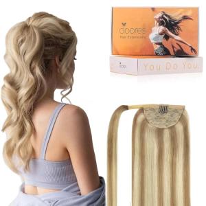 imageDOORES Ponytail Extension Human Hair Extensions Platinum Blonde 18 Inch 80g Clip in Hair Extension Ponytail Straight Wrap Around Hair Extensions Remy Human Hair with Magic Paste Natural Hair18A613A Dark Blonde Highlighted Bleach Blonde