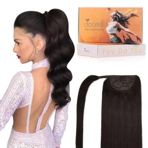 imageDOORES Ponytail Extension Human Hair Extensions Platinum Blonde 18 Inch 80g Clip in Hair Extension Ponytail Straight Wrap Around Hair Extensions Remy Human Hair with Magic Paste Natural Hair2 Dark Brown