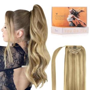 imageDOORES Ponytail Extension Human Hair Extensions Platinum Blonde 18 Inch 80g Clip in Hair Extension Ponytail Straight Wrap Around Hair Extensions Remy Human Hair with Magic Paste Natural Hair1622 Light Blonde Highlighted Golden Blonde