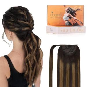 imageDOORES Ponytail Extension Human Hair Extensions Platinum Blonde 18 Inch 80g Clip in Hair Extension Ponytail Straight Wrap Around Hair Extensions Remy Human Hair with Magic Paste Natural Hair262 Dark Brown to Chestnut Brown