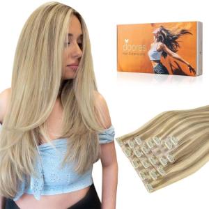 imageDOORES Seamless Clip in Hair Extensions Light Blonde Highlighted Golden Blonde 130g 7pcs 18 Inch Virgin Human Hair Clip in Extensions