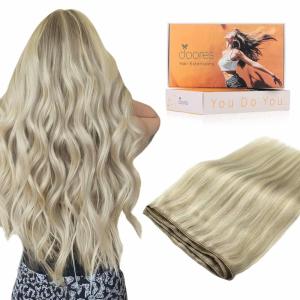 imageDOORES Sew in Hair Extensions Real Human Hair Ash Blonde Highlighted Platinum Blonde 16 Inch 100g Natural Weave Bundles Full Head Sew in Weft