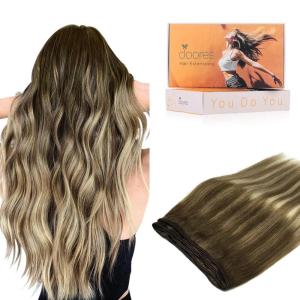 imageDOORES Weft Hair Extensions Balayage Walnut Brown to Ash Brown and Bleach Blonde 16 Inch 100g Sew In Real Human Hair Straight Natural Weave