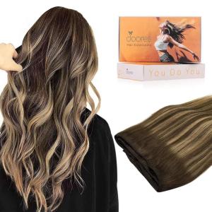 imageDOORES Weft Hair Extensions Human Hair 14 Inch 80g Balayage Chocolate Brown to Caramel Blonde Sew In Real Hairpieces Straight Natural Hair