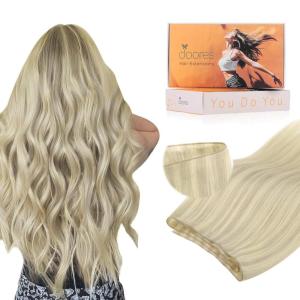 imageDOORES Weft Hair Extensions Human Hair Seamless Wide Tape Ash Blonde Highlighted Platinum Blonde 18 Inch 50g Invisible Genius Tape in Weft Extensions Remy
