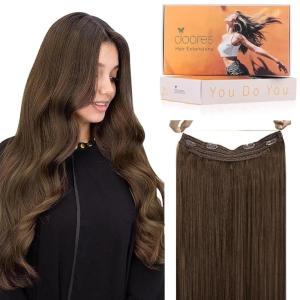 imageDOORES Wire Hair Extensions 16 Inch 95g Remy Human Wire Hair Extensions Invisible Transparent Line Adjustable Hairpieces Secret Extensions Straight Hair Chocolate Brown