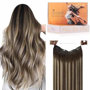imageDOORES Wire Hair Extensions 16 Inch 95g Remy Human Wire Hair Extensions Invisible Transparent Line Adjustable Hairpieces Secret Extensions Straight Hair Balayage Chocolate Brown to Honey Blonde